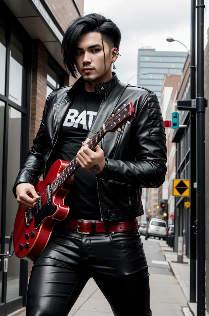 1 men, with scars on arms, alternative style, leather jacket, a rock band t-shirt, waist belt, black pants, piercings, all star, red guitar and shoulder-length black hair.