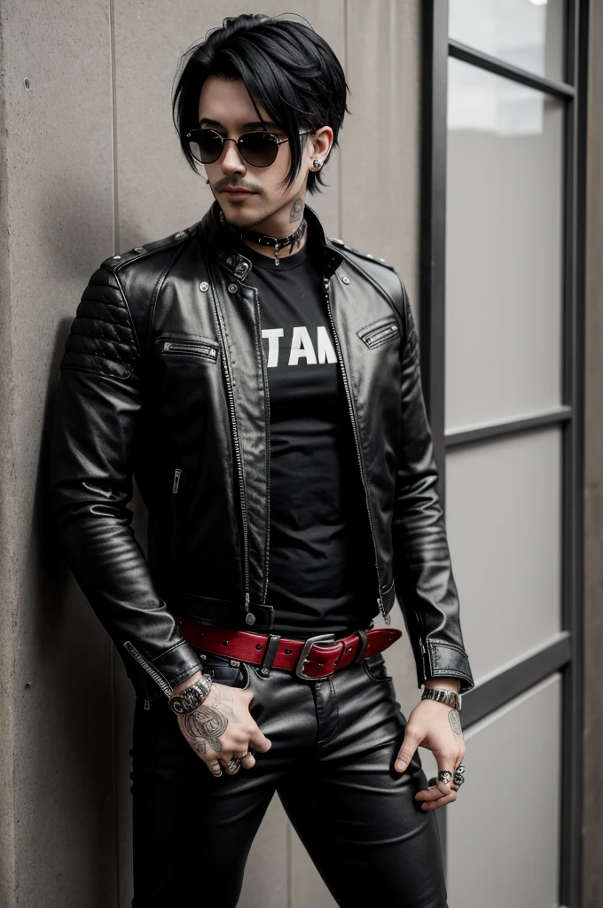 1 men, with scars on arms, alternative style, leather jacket, a rock band t-shirt, waist belt, black pants, piercings, all star, red guitar and shoulder-length black hair.