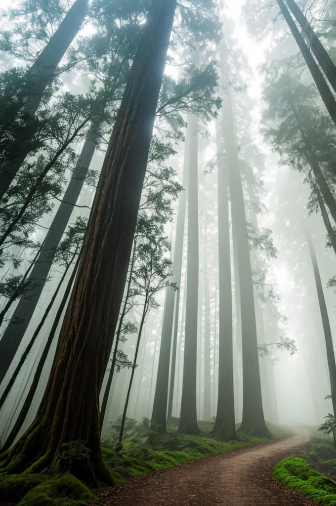 a view of a path through a dense forest in the fog, in a foggy redwood forest, misty forest, foggy jungle, eerie jungle, foggy forest, eerie!!! atmosphere, ancient forest like fanal forest, in the foggy huge forest, ominous and eerie forest, misty woods, beautiful and mysterious, in a foggy forest, on a misty forest