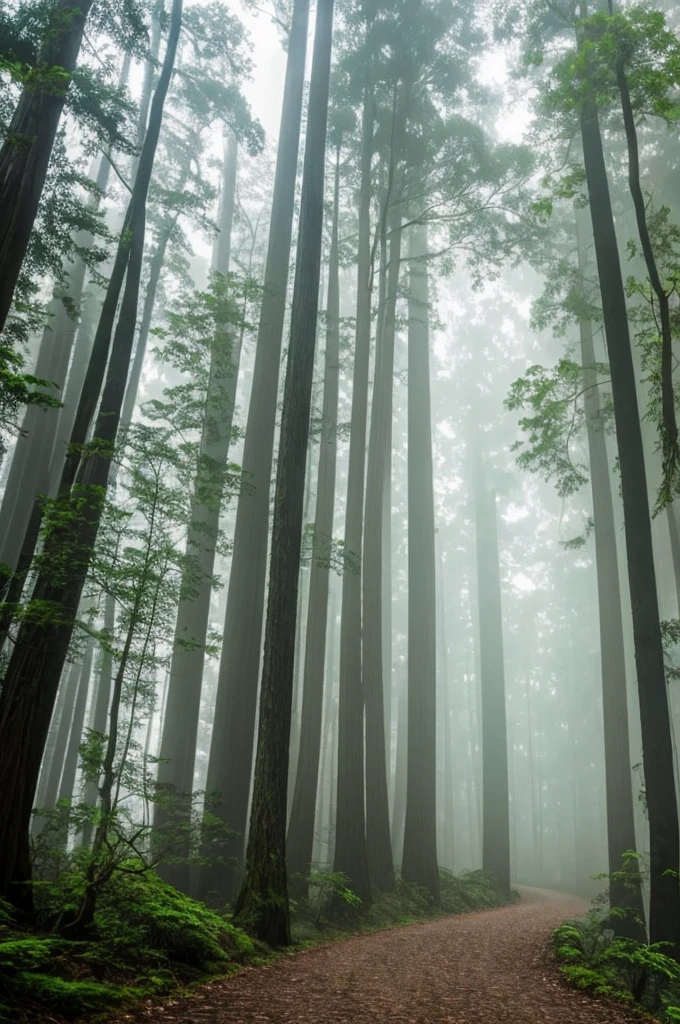 a view of a path through a dense forest in the fog, in a foggy redwood forest, misty forest, foggy jungle, eerie jungle, foggy forest, eerie!!! atmosphere, ancient forest like fanal forest, in the foggy huge forest, ominous and eerie forest, misty woods, beautiful and mysterious, in a foggy forest, on a misty forest