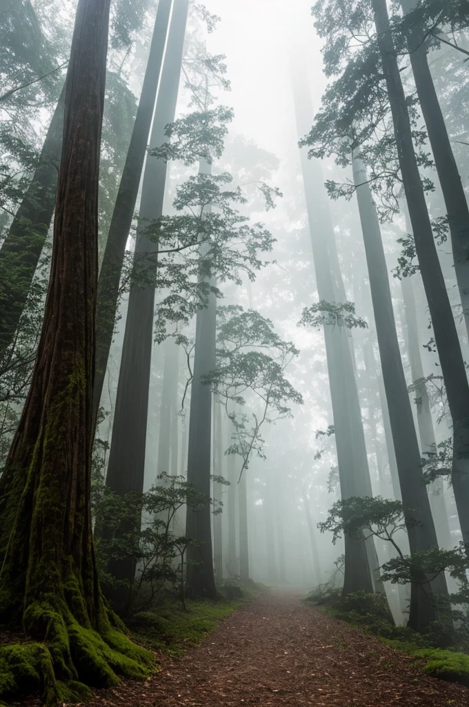 a view of a path through a dense forest in the fog, a matte painting by Tadashige Ono, flickr, romanticism, in a foggy redwood forest, misty forest, foggy jungle, eerie jungle, foggy forest, eerie!!! atmosphere, ancient forest like fanal forest, in the foggy huge forest, ominous and eerie forest, misty woods, beautiful and mysterious