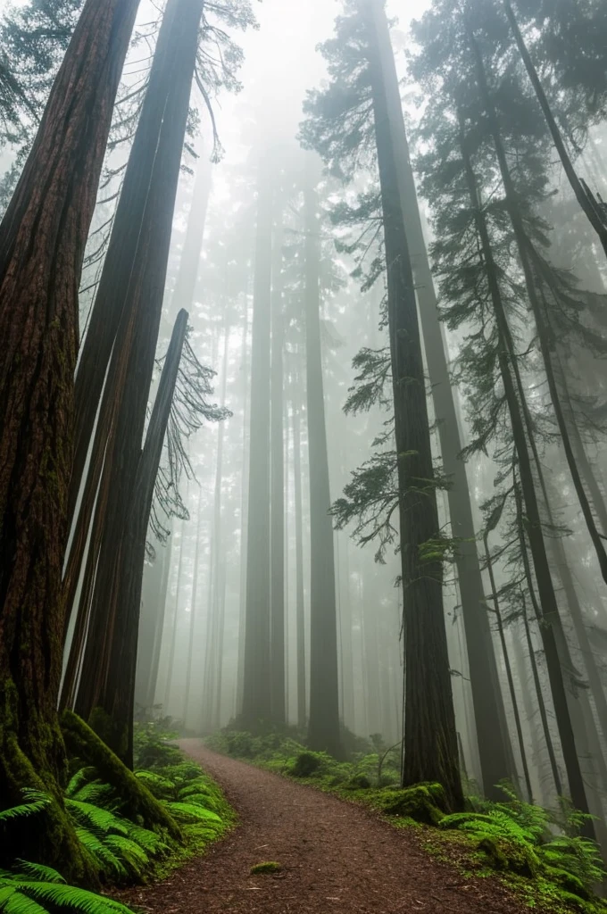 a view of a path through a dense forest in the fog, in a foggy redwood forest, misty forest, foggy jungle, eerie jungle, foggy forest, eerie!!! atmosphere, ancient forest like fanal forest, in the foggy huge forest, ominous and eerie forest, misty woods, beautiful and mysterious, in a foggy forest, on a misty forest