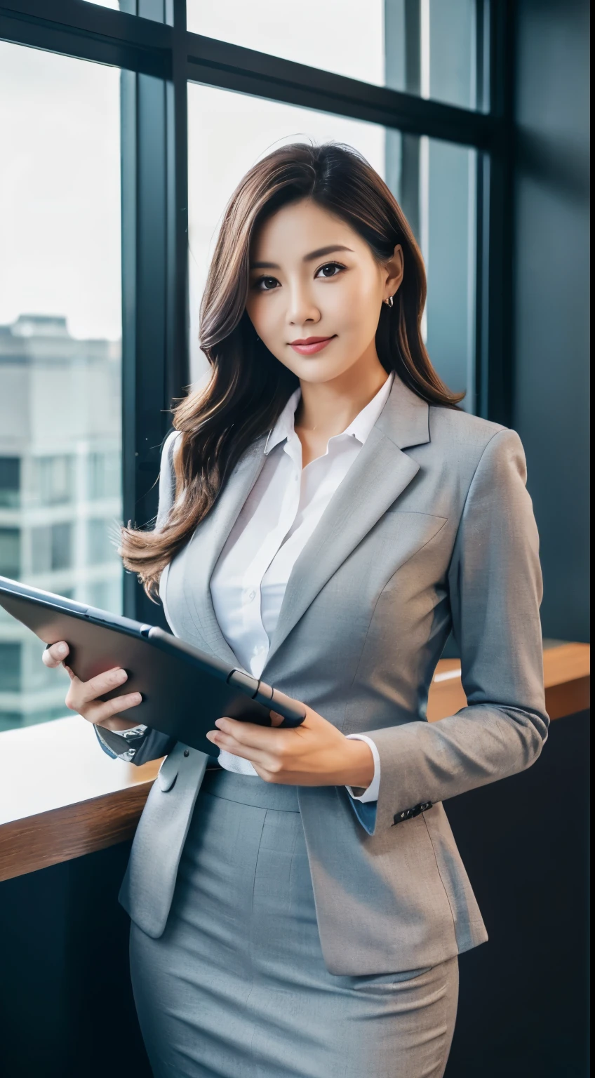 Best Quality, High Quality,Ultra Quality, 8k portrait ,beautiful woman,large breasts , grey Business women's suit skirt,In the office, using ipad, ipad in hand
