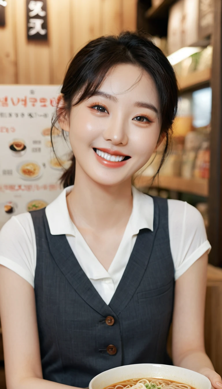 Realistic photos (1 cute Korean actress), Vest, At a ramen shop, Smile, Canon EOS, Clear facial features, Close-up portrait, movie mode, 8K