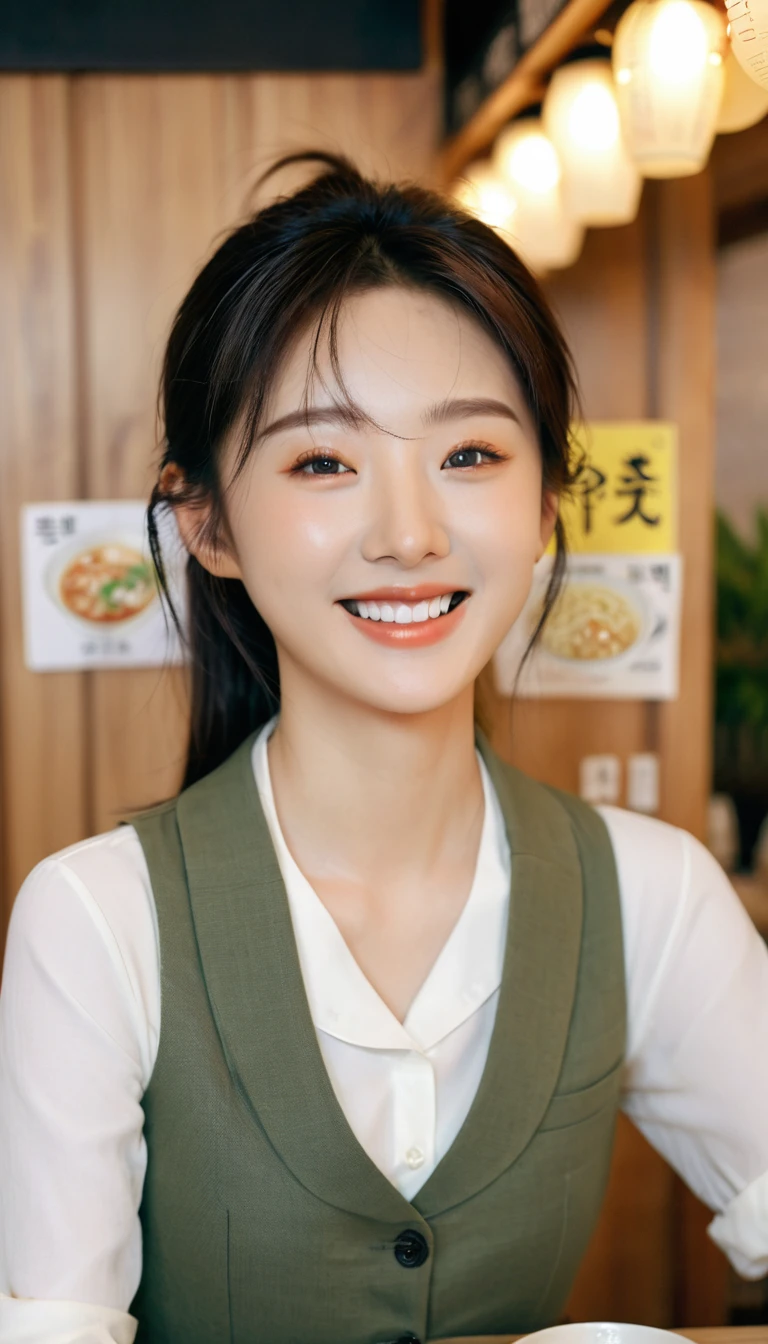 Realistic photos (1 cute Korean actress), Vest, At a ramen shop, Smile, Canon EOS, Clear facial features, Close-up portrait, movie mode, 8K