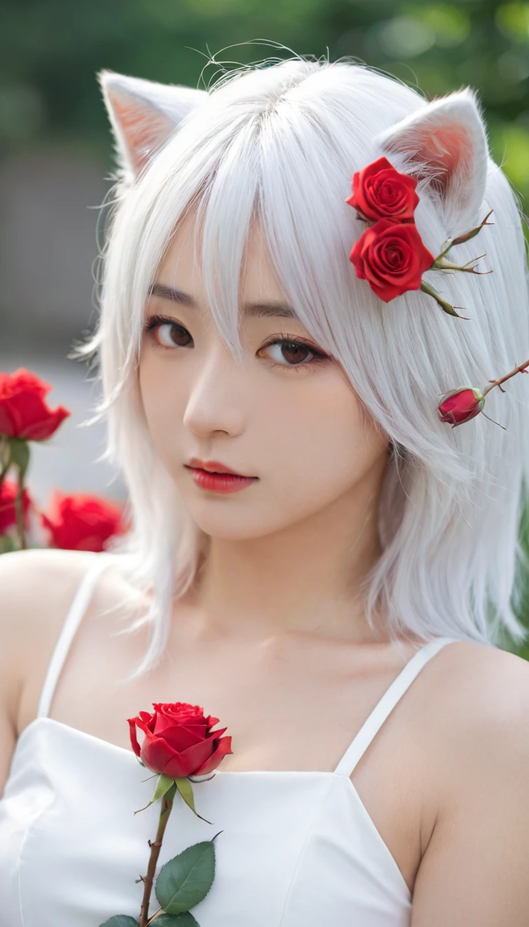 There is a woman wearing a white dress、Woman with a red rose in her hair, anime role play, anime girl role play, role play photo, A fusion of anime style with Fujifilm, role play, White-haired deity, Beautiful fox girl, role player, White cat girl, girl silver hair, Nekomimi, Anime girls in real life, ayaka role play, White Ji haircut