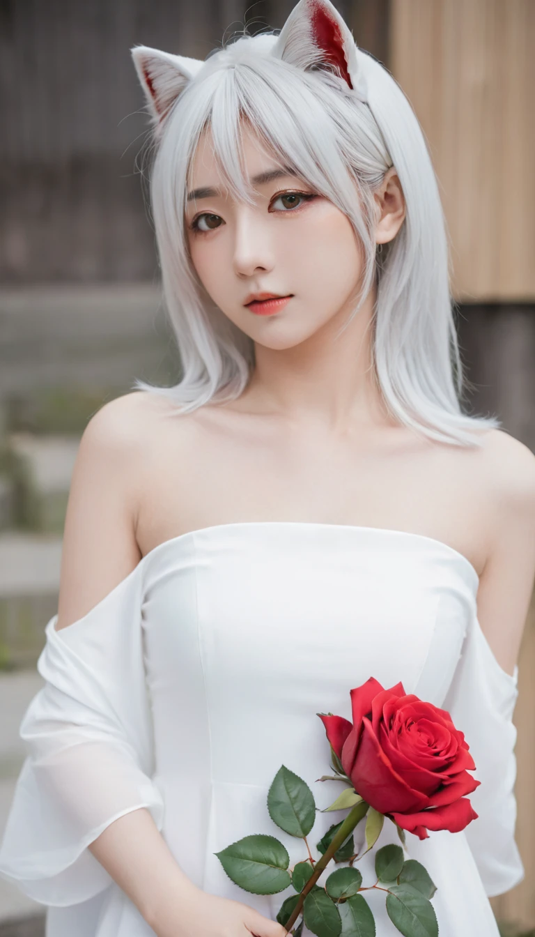 There is a woman wearing a white dress、Woman with a red rose in her hair, anime role play, anime girl role play, role play photo, A fusion of anime style with Fujifilm, role play, White-haired deity, Beautiful fox girl, role player, White cat girl, girl silver hair, Nekomimi, Anime girls in real life, ayaka role play, White Ji haircut