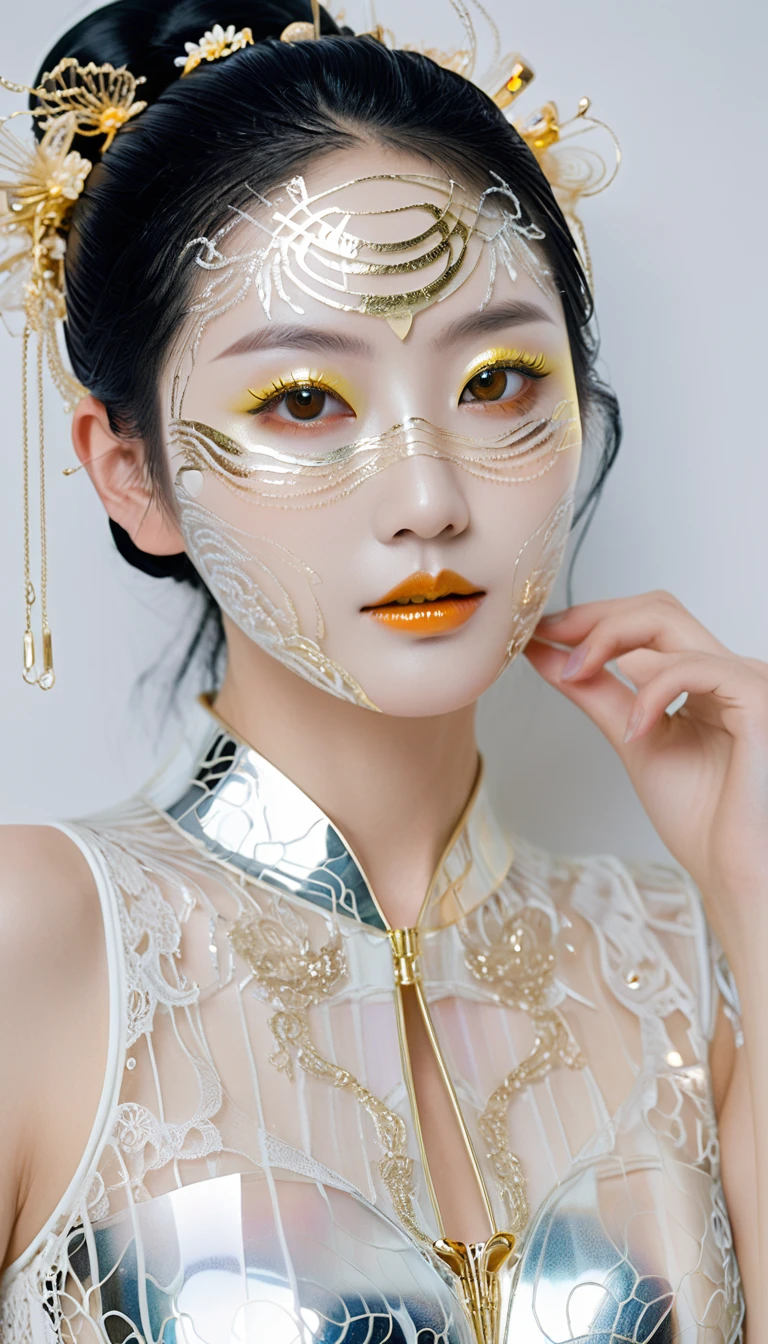 A portrait photo of a Japanese woman in her twenties,Made of white and silver clear glass and plastic, Geisha makeup, Black Hairstyle, Silver and gold metal internal body mechanism, Dynamic poses, Fluid organic structure, Fine carving, Lace design, Glowing golden circuit, coloRful Neon decoration, Fine carving, Lace design, Light-emitting circuit, Neon decoration, h's Artwork.R. Giger, GReg Rutowski