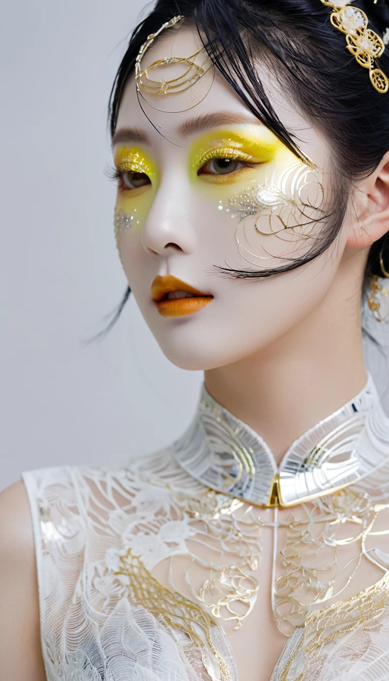 A portrait photo of a Japanese woman in her twenties,Made of white and silver clear glass and plastic, Geisha makeup, Black Hairstyle, Silver and gold metal internal body mechanism, Dynamic poses, Fluid organic structure, Fine carving, Lace design, Glowing golden circuit, coloRful Neon decoration, Fine carving, Lace design, Light-emitting circuit, Neon decoration, h's Artwork.R. Giger, GReg Rutowski