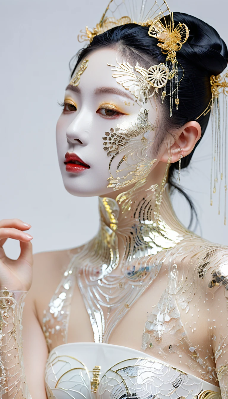 A portrait photo of a Japanese woman in her twenties,Made of white and silver clear glass and plastic, Geisha makeup, Black Hairstyle, Silver and gold metal internal body mechanism, Dynamic poses, Fluid organic structure, Fine carving, Lace design, Glowing golden circuit, coloRful Neon decoration, Fine carving, Lace design, Light-emitting circuit, Neon decoration, h's Artwork.R. Giger, GReg Rutowski