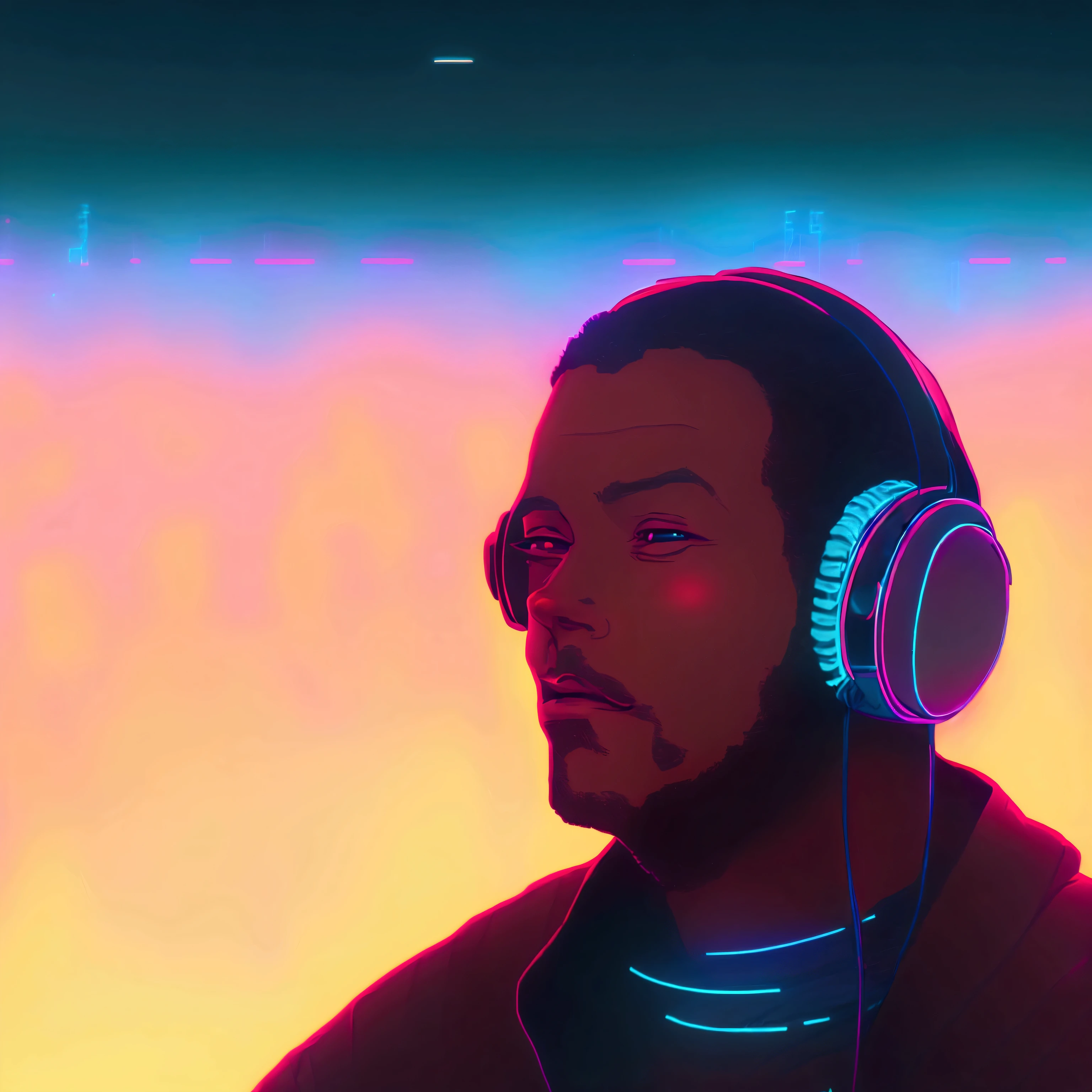 a close up of a person wearing headphones in front of a city, lofi portrait, lofi artstyle, ( ( ( synthwave ) ) ), procreate illustration, synthwave art style ]!!, [ synthwave art style ]!!, synthwave inspired, [ synthwave art style ]!! ]!!, synthwave art style, (synthwave)