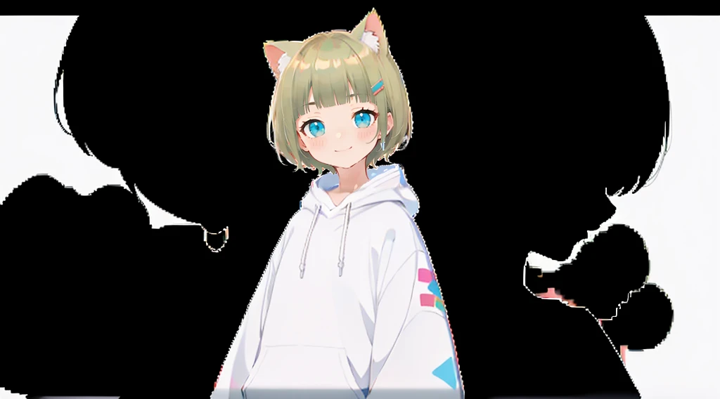 An unprecedented number of draws、Blonde、Cat ear、Pink hoodie、high quality、Colorful color palette、high resolution、pretty girl、 Pink hoodie、An unprecedented number of draws、Anime Style、Geometric background、Sticker Style、short hair、Blonde、Turquoise Eyes, Messy Hair, Pink hoodie、髪と同じ色のCat ear、front, Hands posing, Until death, Bondage, Baggy clothes