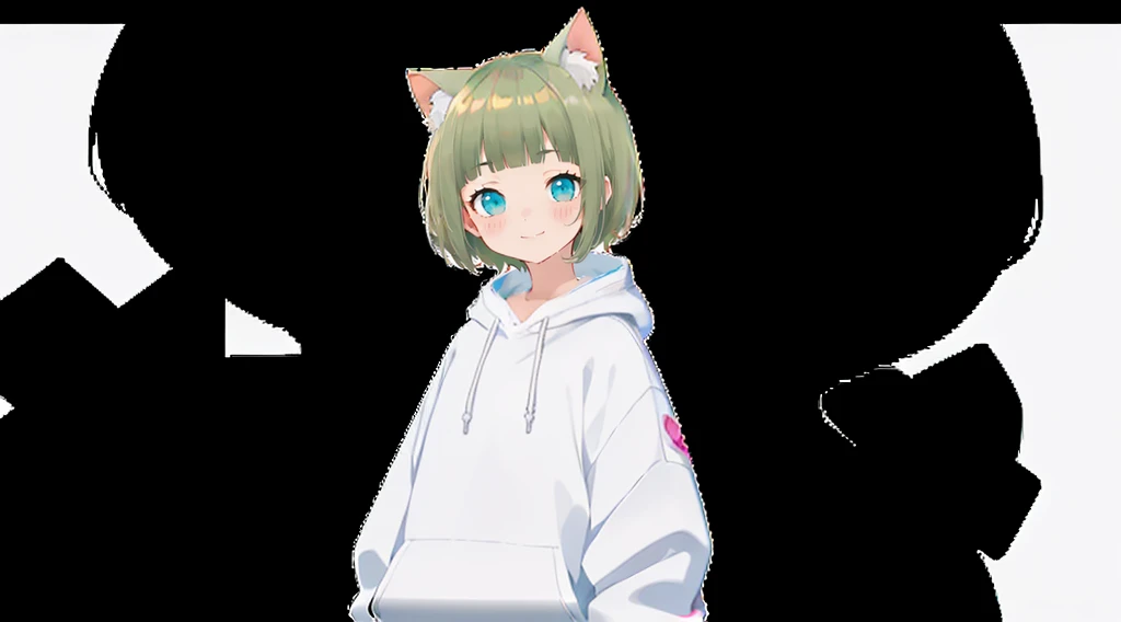 An unprecedented number of draws、Blonde、Cat ear、Pink hoodie、high quality、Colorful color palette、high resolution、pretty girl、 Pink hoodie、An unprecedented number of draws、Anime Style、Geometric background、Sticker Style、short hair、Blonde、Turquoise Eyes, Messy Hair, Pink hoodie、髪と同じ色のCat ear、front, Hands posing, Until death, Bondage, Baggy clothes