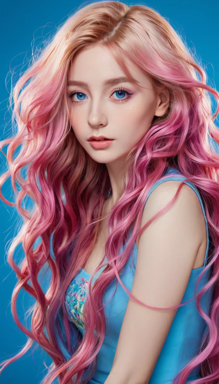 ((masterpiece:1.2, best quality)), Extremely detailed, Ultra-precise depiction, Ultra-fine drawing, (tangled:1.2), (Dynamic poses), (Blue Background:1.5), Long wavy hair, Pink Hair, 1 Girl, rich and colorful, portrait, (from above:1.2)
