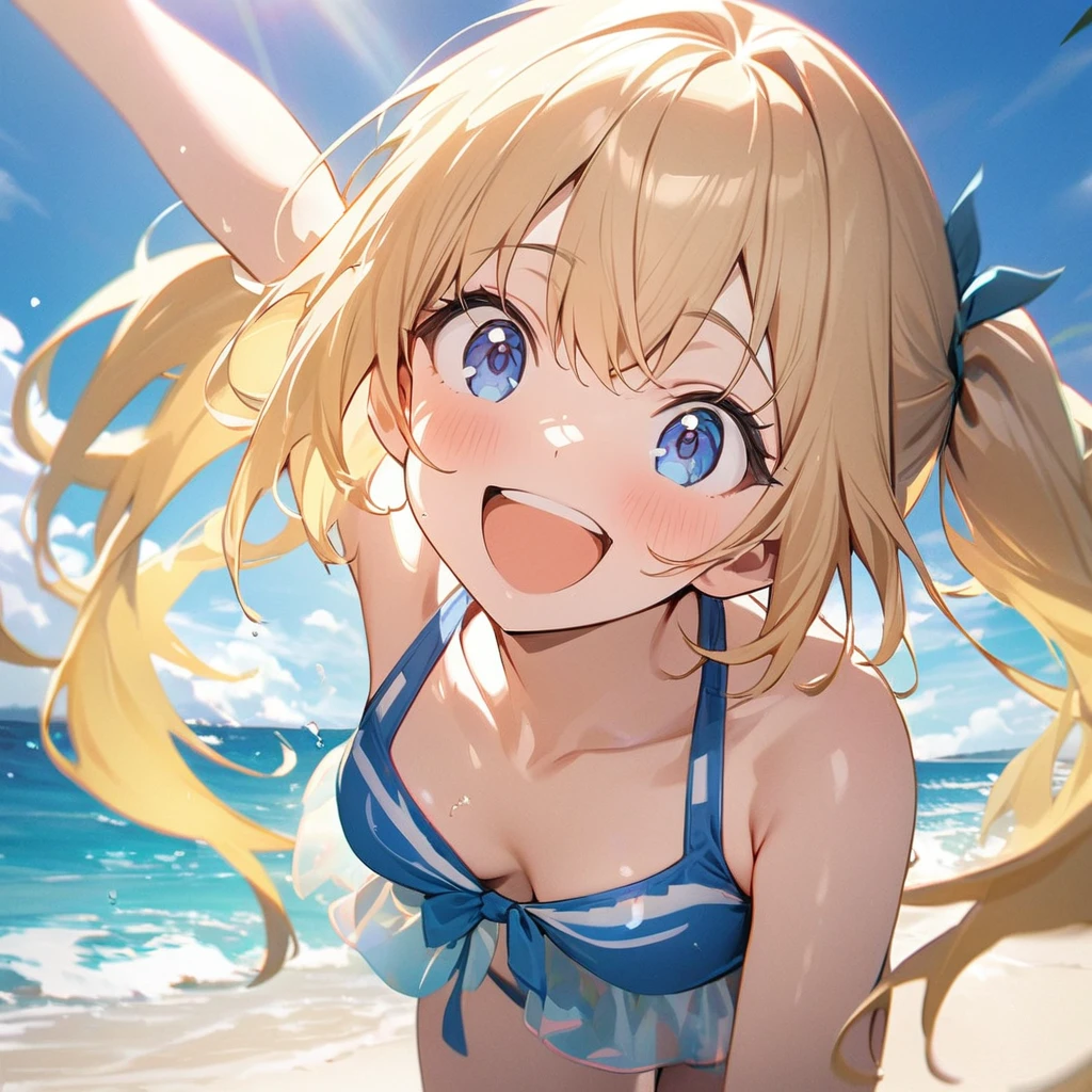 Highest quality, masterpiece, blonde,Dark blue eyes,Twin tails,Double exposure, The best smile, Excited, Swimwear, Ocean,Ocean水浴, sunlight