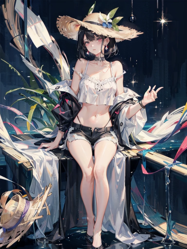 absurdres, RAW photo, extremely delicate and beautiful, masterpiece, Best Quality, ultra high resolution, 32k, hyperrealistic, ultra-detailed, perfect figure, in her 20s, very small head, very small face, delicate facial features, tearful mole, earring, very huge breasts, bare legs, hands, foot, full body shot, medium hair, black hair, colored inner hair, casual, blouse, white shirt, buttoned shirt, bare shoulders, collarbone, midriff, navel, shorts, straw hat,
