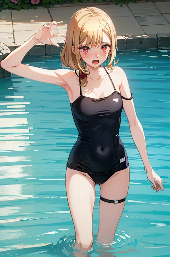 Random patterned swimsuit、Random Swimsuit、Swimsuits in random colors、Random pose、、Acme Face、Random pose、, Pale red eyes、Semi-long hair、Chestnut Hair、Sandy Beach、、、nsfw、Highest quality、1 girl、solo、Ocean、Sexy pose、Random pose、Blushing、wet、Embarrassed、I can see half of my 、、One Piece Swimwear、(Strap slip:1.3)、Swimsuits in random colors、Swimwear
