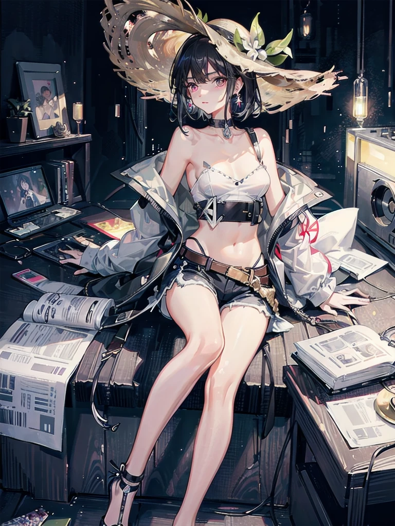 absurdres, RAW photo, extremely delicate and beautiful, masterpiece, Best Quality, ultra high resolution, 32k, hyperrealistic, ultra-detailed, perfect figure, Perfect Style, Perfect balance, in her 20s, very small head, very small face, delicate facial features, tearful mole, earring, very huge breasts, legs, hands, foot, full body shot, medium hair, black hair, colored inner hair, casual, blouse, white shirt, buttoned shirt, bare shoulders, collarbone, midriff, navel, shorts, straw hat,