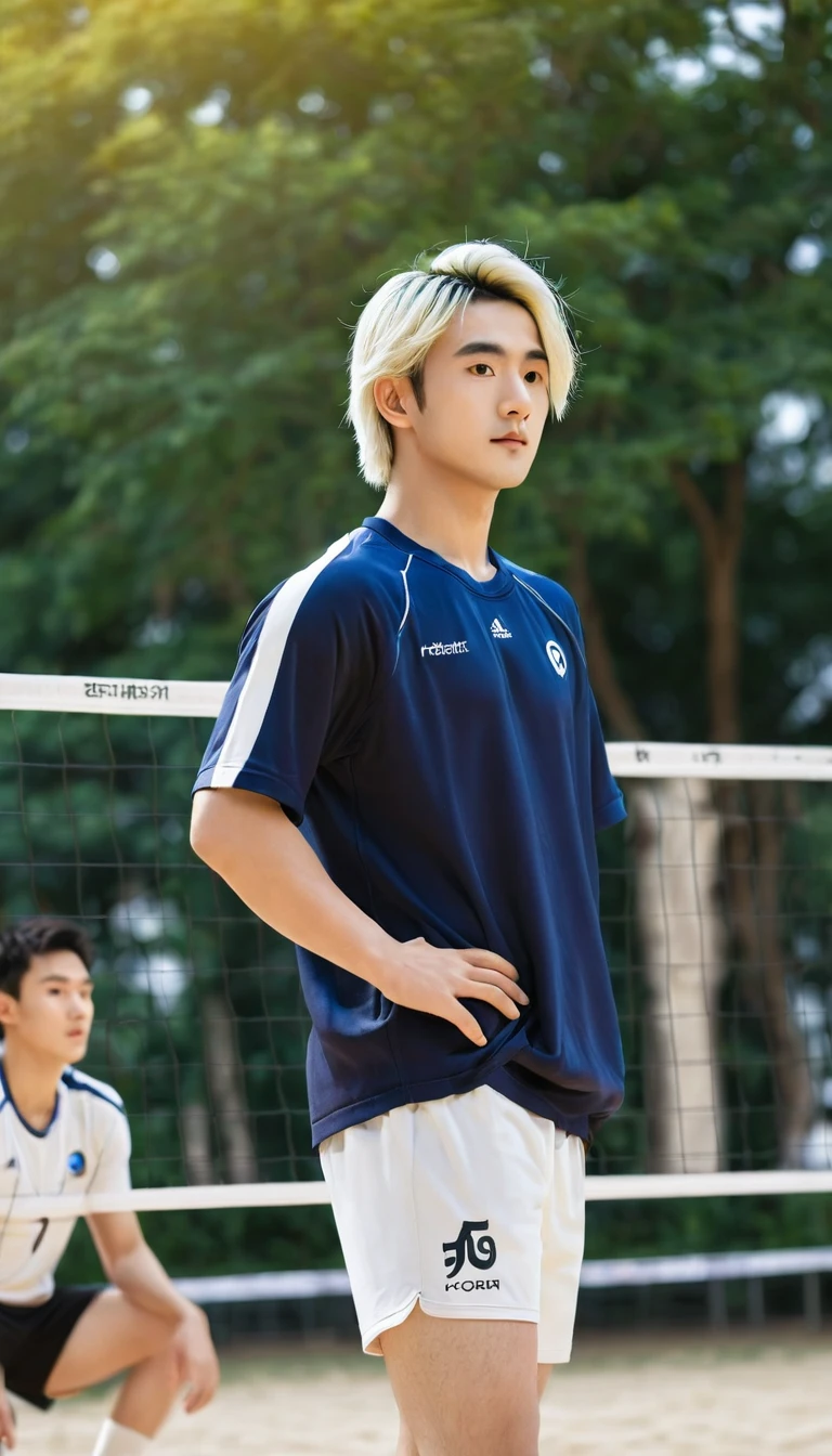 ((fully clothisd))high resolution, masterpiece,Small horn horse, ((1 boy,)) ((1 person)), Black_hair (Blonde_hair) Watching_arrive_this_Side male_Colorful Focus_hair,solo sportswear sweat beads _Username Binding_hair upper_Body volleyball_uniform_Eye, Detailed background, bright,Volleyball court, external,Blue sky, Trees,