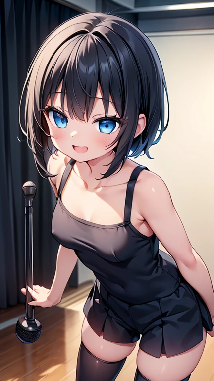 Highest quality,wonderful,finely,Highly detailed CG Unity 8k wallpaper, (1 Girl,Black Hair, blue eyes,short hair, Double Bang), (Small breasts:1.2), (Black T-shirt:1.1), (clavicle:1.1), Shorts、Smiling Kindly、smile、 ((Eyes half closed))、(Open your mouth:1.2), (zettai ryouiki:1.2),(narrow:1.2), (Are standing:1.2)、(Hold a microphone in your right hand:1.1)、((Commenting live))、Solid white background、Facing the camera