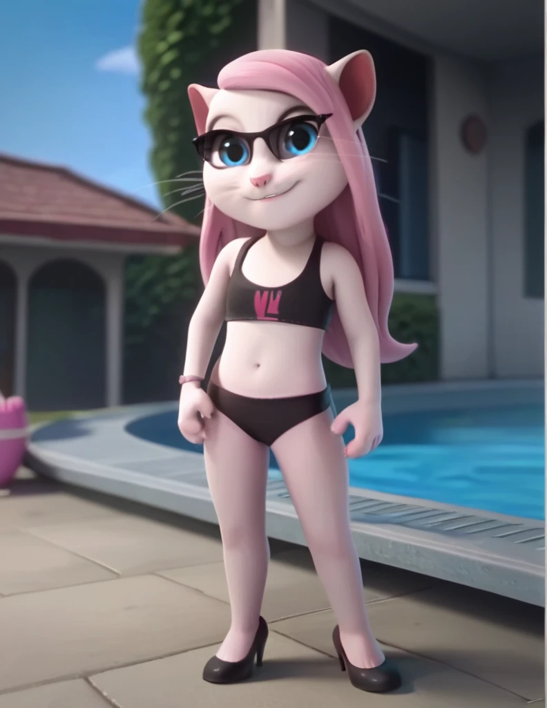 solo focus, a_la, 1girl, cat, white fur, long whiskers on both sides of the face, big bright blue eyes, big black eyelashes, pink nose, long legs, long hair, pink hair, triangular ears with pink channels, black high heels, wear black bikini , black sunglasses, legs together, hands on the ass, sexy pose, looking, pretty smile, focus front view, background at sunny pool, Score_9, Score_8_up, Score_7_