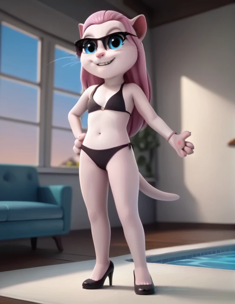 solo focus, a_la, 1girl, cat, white fur, long whiskers on both sides of the face, big bright blue eyes, big black eyelashes, pink nose, long legs, long hair, pink hair, triangular ears with pink channels, black high heels, wear black bikini , black sunglasses, legs together, hands on the ass, sexy pose, looking, pretty smile, focus front view, background at sunny pool, Score_9, Score_8_up, Score_7_