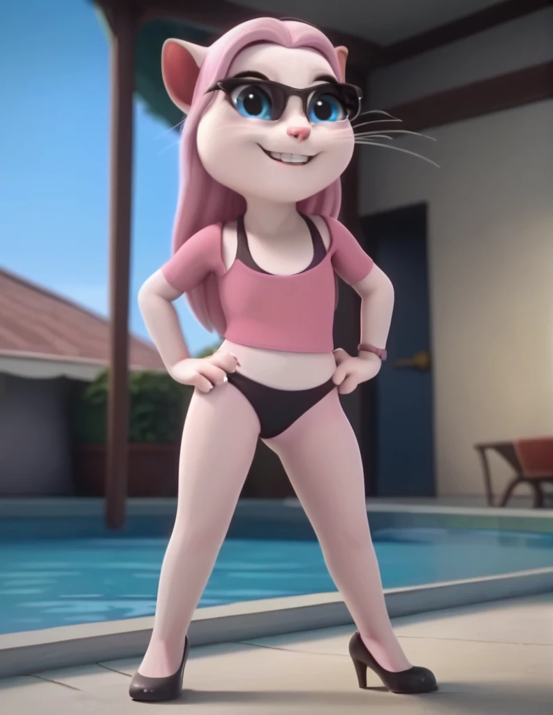 solo focus, a_la, 1girl, cat, white fur, long whiskers on both sides of the face, big bright blue eyes, big black eyelashes, pink nose, long legs, long hair, black hair, triangular ears with pink channels, black high heels, wear black bikini , sunglasses, legs together, hands on the ass, sexy pose, looking back, pretty smile, back view, background at sunny pool, Score_9, Score_8_up, Score_7_