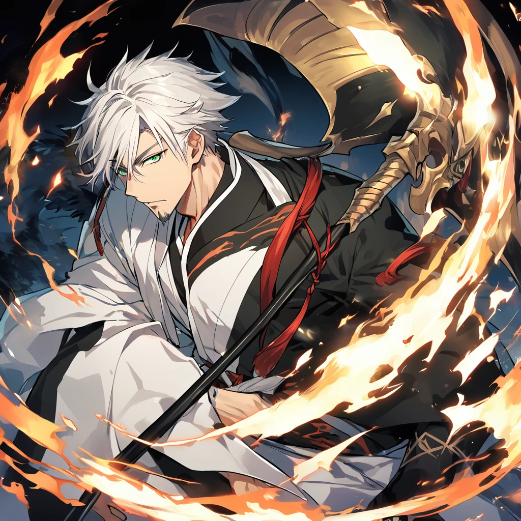 1 young boy, male focus, details Intricate, 1 men, bonitas, White hair, vibrant green eyes, slim muscles, アニメ, 19yearsold, 19 years, a small goatee, kimono de Shinigami, Shinigami, bleach style, bleach, regatta, kimono, bleach, bleach style, sickle ( uma sickle de tamanho mediano poderosa e afiada), sickle (fazendo cortes com a sickle saindo chamas pretas) chamapretass,Black flames, (o personagem esta em pé fazendo ataques com sua sickle mediana, using black fire attacks) .