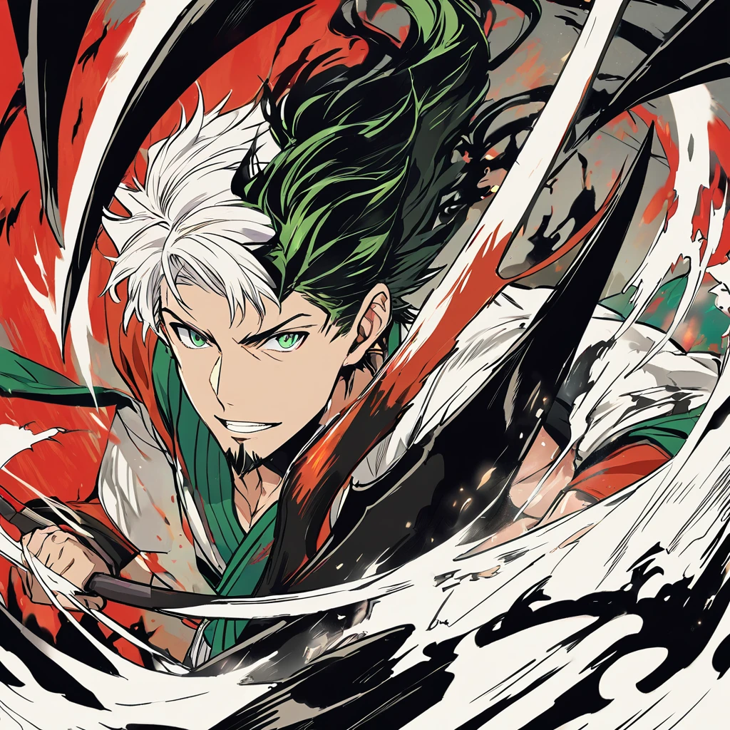 1 young boy, male focus, details Intricate, 1 men, bonitas, White hair, vibrant green eyes, slim muscles, アニメ, 19yearsold, 19 years, a small goatee, kimono de Shinigami, Shinigami, bleach style, bleach, regatta, kimono, bleach, bleach style, sickle ( uma sickle de tamanho mediano poderosa e afiada), sickle (fazendo cortes com a sickle saindo chamas pretas) chamapretass,Black flames, (o personagem esta em pé fazendo ataques com sua sickle mediana, using black fire attacks) .