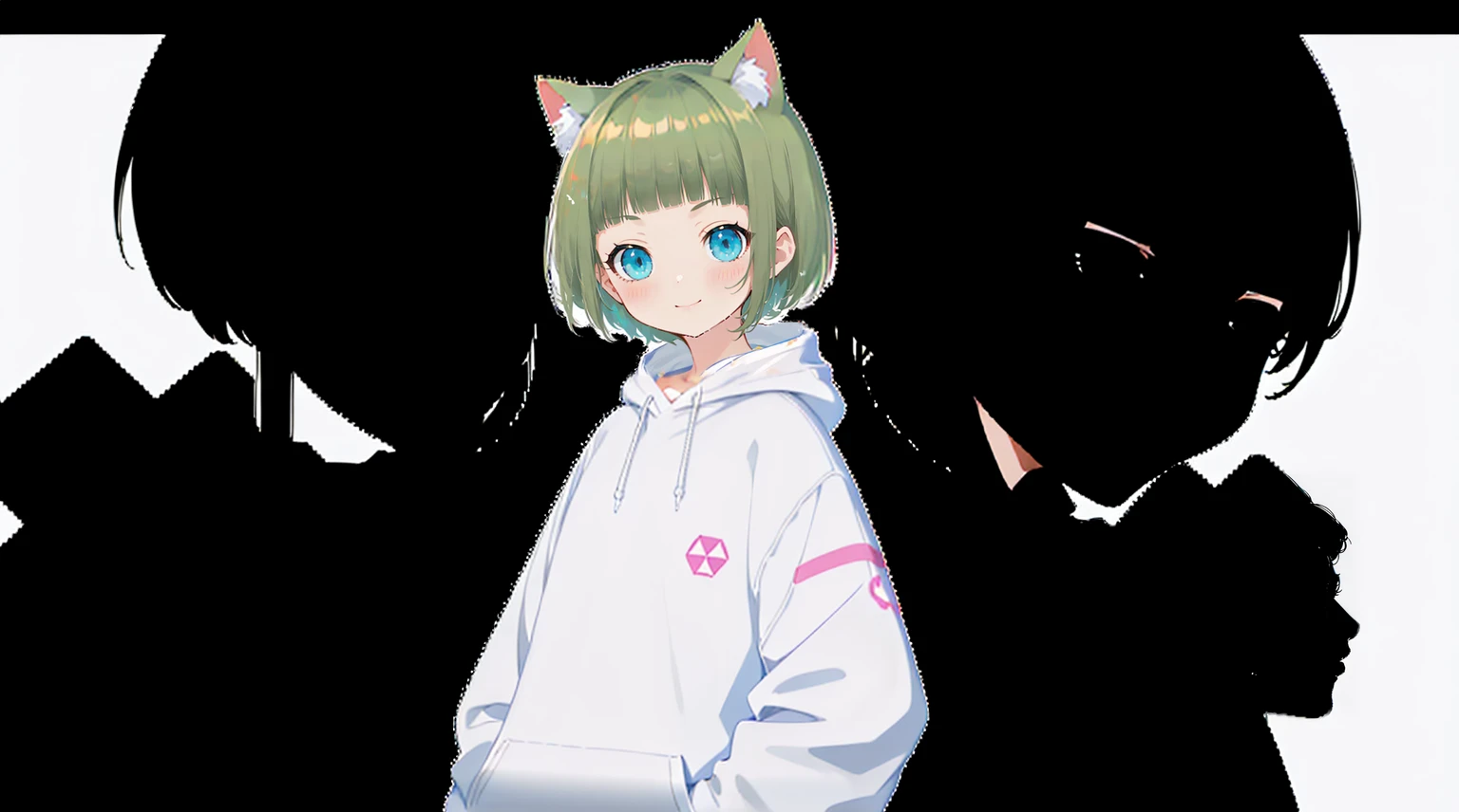 An unprecedented number of draws、Blonde、Cat ear、Pink hoodie、high quality、Colorful color palette、high resolution、pretty girl、 Pink hoodie、An unprecedented number of draws、Anime Style、Geometric background、Sticker Style、short hair、Blonde、Turquoise Eyes, Messy Hair, Pink hoodie、髪と同じ色のCat ear、front, Hands posing, Until death, Bondage, Baggy clothes