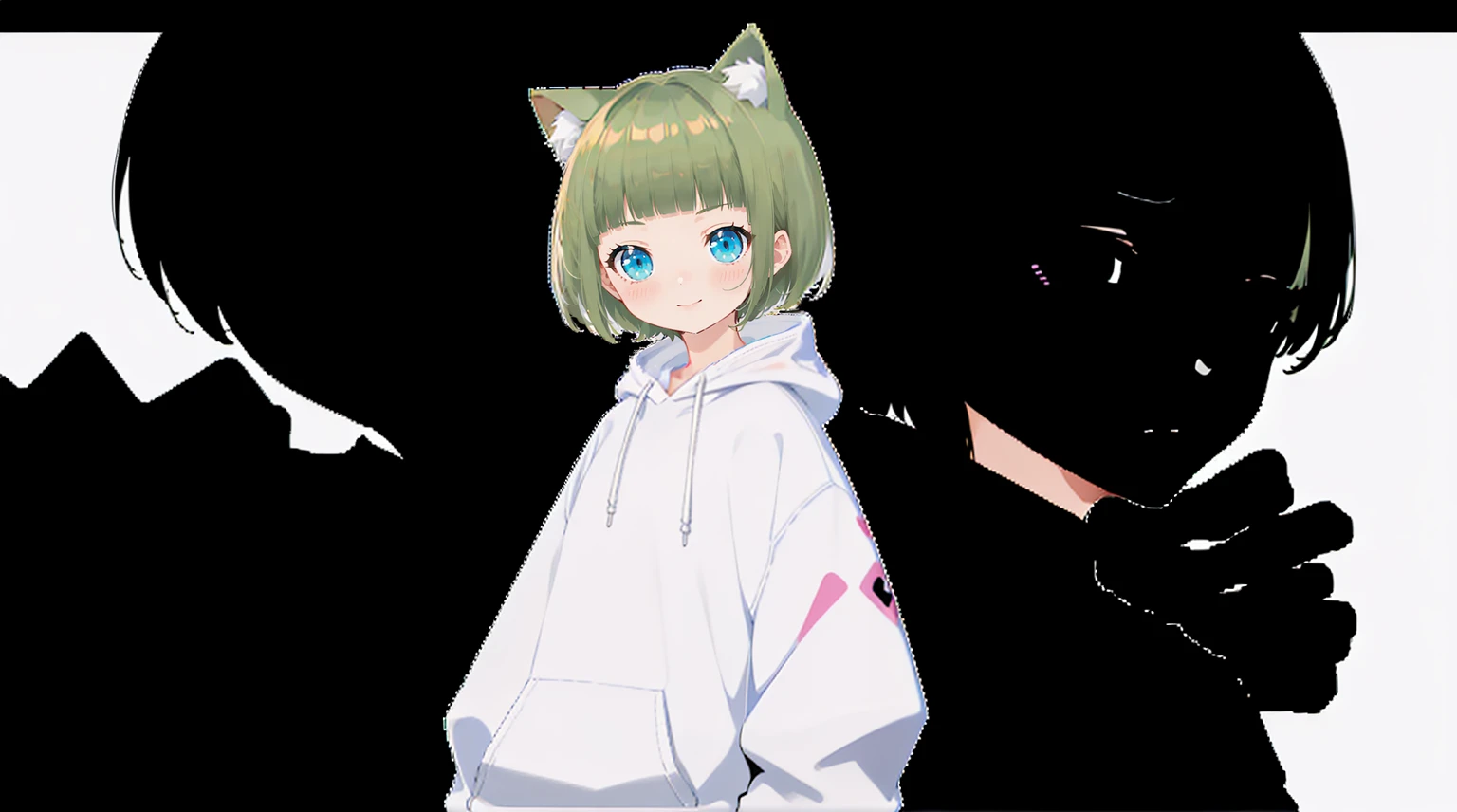 An unprecedented number of draws、Blonde、Cat ear、Pink hoodie、high quality、Colorful color palette、high resolution、pretty girl、 Pink hoodie、An unprecedented number of draws、Anime Style、Geometric background、Sticker Style、short hair、Blonde、Turquoise Eyes, Messy Hair, Pink hoodie、髪と同じ色のCat ear、front, Hands posing, Until death, Bondage, Baggy clothes