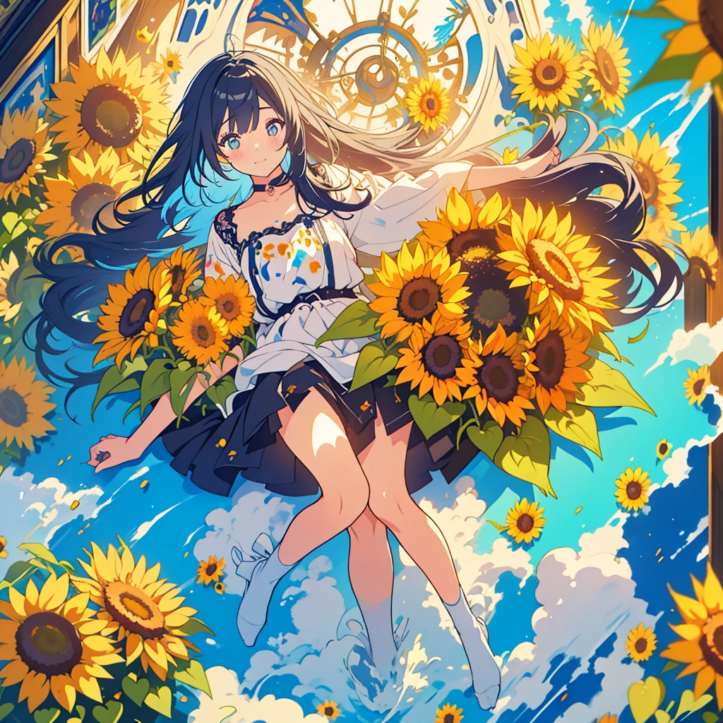 One girl,pretty girl,Midsummer,very hot,sweating,Hold a fan,Wind chimes ring,Looking out the window,Great space,Sunflowers bloom,Lots of sunflowers,
