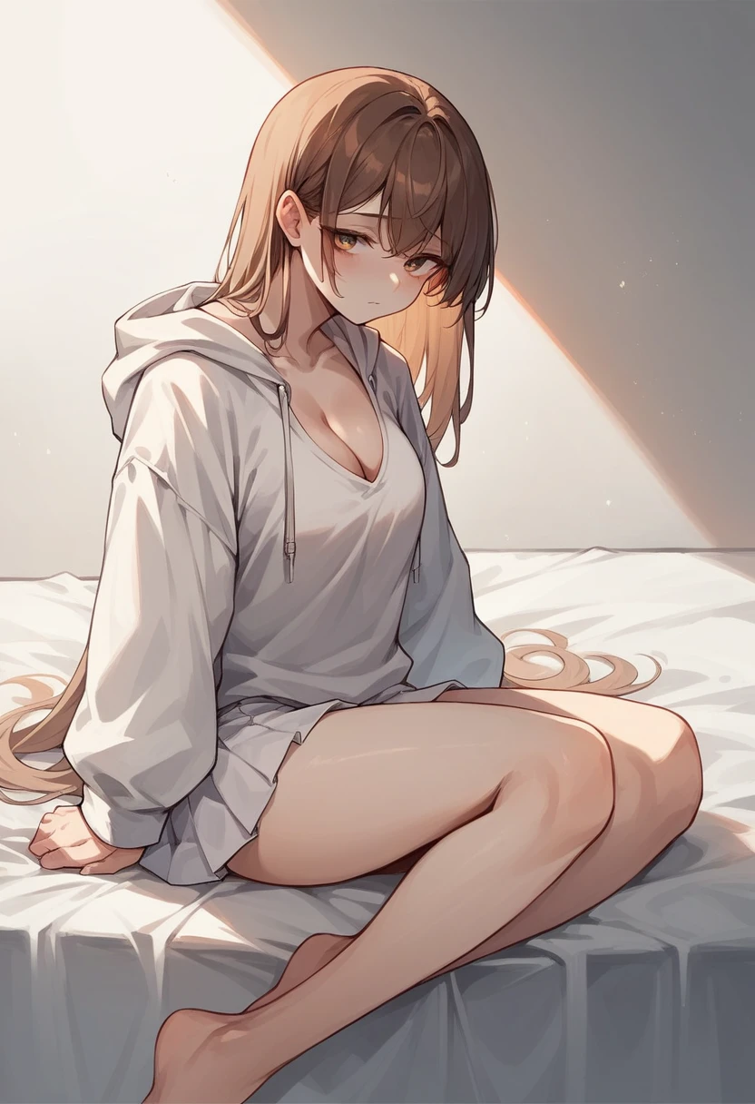 Brown-haired girl　Her shoulder-length hair is tied back　Wearing a white hoodie and a white skirt　White skin　tall　With bangs　Beautiful face　Thin legs　The cleavage is visible　sitting on the bed　Thin legs　Shy　Anime Style