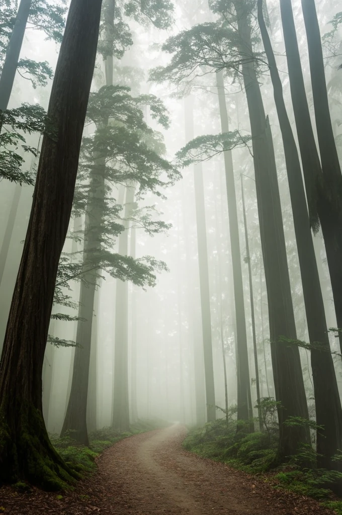 a view of a path through a dense forest in the fog, a matte painting by Tadashige Ono, flickr, romanticism, in a foggy redwood forest, misty forest, foggy jungle, eerie jungle, foggy forest, eerie!!! atmosphere, ancient forest like fanal forest, in the foggy huge forest, ominous and eerie forest, misty woods, beautiful and mysterious