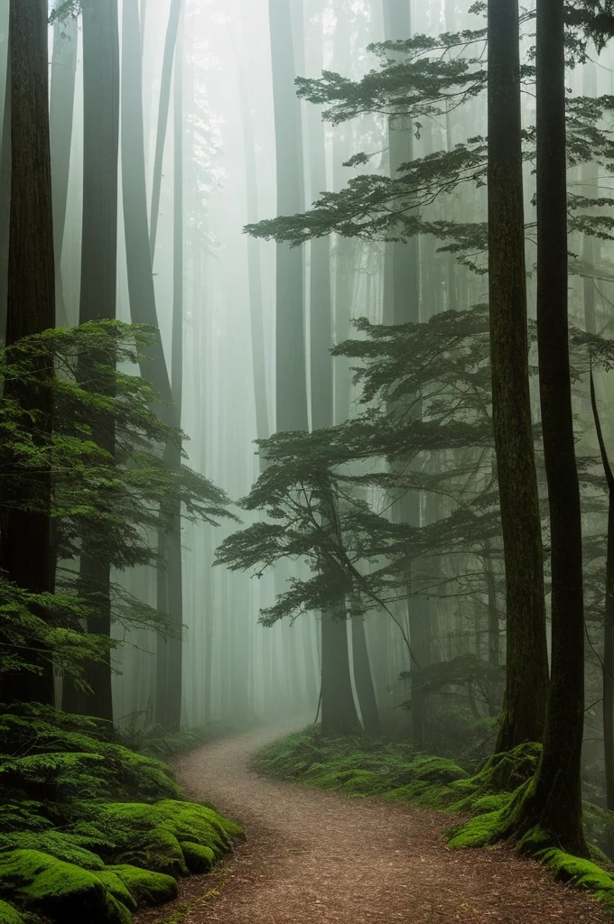a view of a path through a dense forest in the fog, a matte painting by Tadashige Ono, flickr, romanticism, in a foggy redwood forest, misty forest, foggy jungle, eerie jungle, foggy forest, eerie!!! atmosphere, ancient forest like fanal forest, in the foggy huge forest, ominous and eerie forest, misty woods, beautiful and mysterious