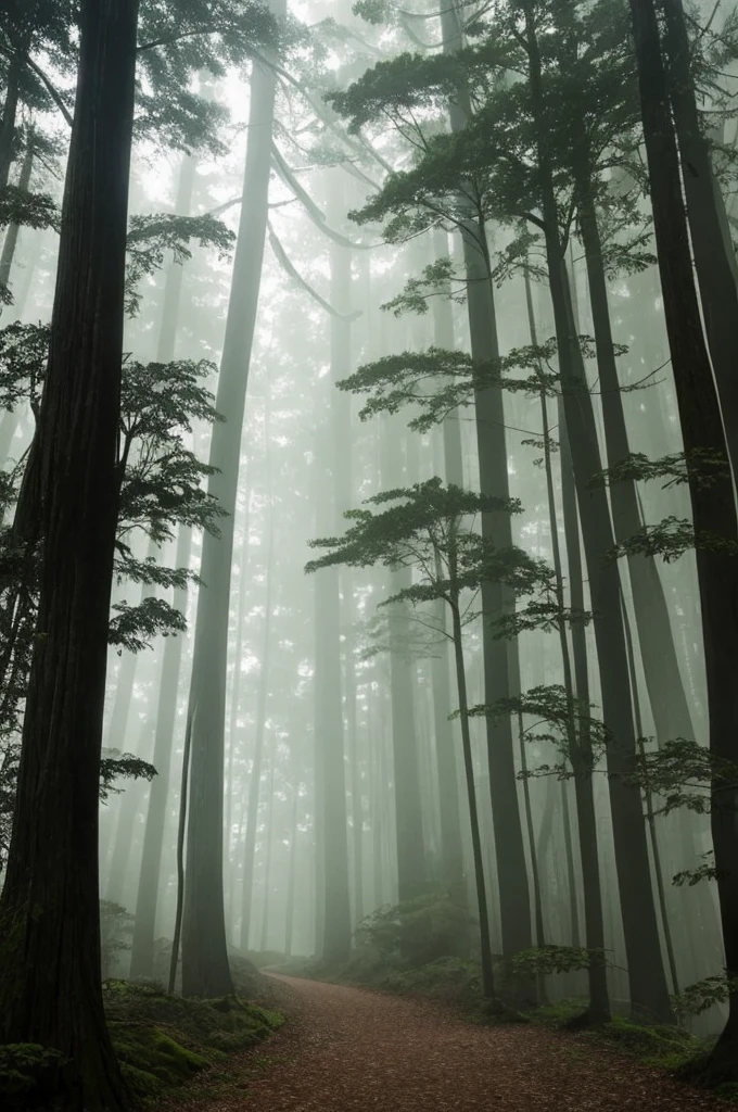 a view of a path through a dense forest in the fog, a matte painting by Tadashige Ono, flickr, romanticism, in a foggy redwood forest, misty forest, foggy jungle, eerie jungle, foggy forest, eerie!!! atmosphere, ancient forest like fanal forest, in the foggy huge forest, ominous and eerie forest, misty woods, beautiful and mysterious