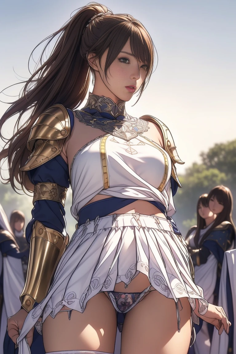 Very beautiful woman、Slender women、(Detailed face)、Realistic Skin、((Holy Knight)), ((Gold and navy platinum armor))、((((Extremely detailed and intricately decorated armor:1.1))))、((Delicate photo)),(Girl Astepeace RAW Photo Details:1.25), (Highest quality:1.6), (Ultra-high resolution:1.5), (Realistic:1.75), 8K resolution, Canon EOS R5, 50mm, Absurd, Very detailed,Cinema Lighting,((Fightfield))、((Fight))、(((White lace ultra-small mini skirt)))、{{{{{Polka dot panties:1.9}}}}},High leg panties:1.2,Thigh-high socks、Shingard、((Light brown hair)), {Floating Hair} ,Long Hair, ponytail,Cape、(((Has a huge weapon)))、(In combat)、The wind is blowing、((Symmetrical armor))、(((Lead a large group of knights:1.2)))、banner、(((Battle Scenes)))、((Browsing Caution:1.2))、(((I can see her panties:1.9))), ((The hem of a skirt fluttering in the wind:1.4)),In a park with a fountain:1.9,