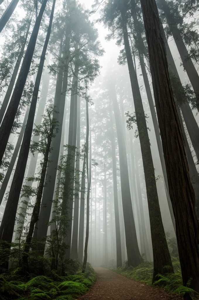 a view of a path through a dense forest in the fog, a matte painting by Tadashige Ono, flickr, romanticism, in a foggy redwood forest, misty forest, foggy jungle, eerie jungle, foggy forest, eerie!!! atmosphere, ancient forest like fanal forest, in the foggy huge forest, ominous and eerie forest, misty woods, beautiful and mysterious