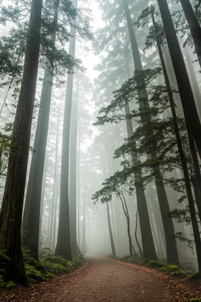 a view of a path through a dense forest in the fog, in a foggy redwood forest, misty forest, foggy jungle, eerie jungle, foggy forest, eerie!!! atmosphere, ancient forest like fanal forest, in the foggy huge forest, ominous and eerie forest, misty woods, beautiful and mysterious, in a foggy forest, on a misty forest