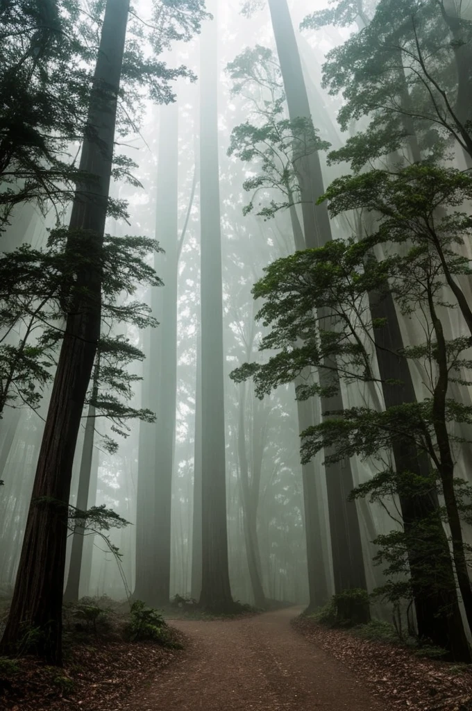 a view of a path through a dense forest in the fog, a matte painting by Tadashige Ono, flickr, romanticism, in a foggy redwood forest, misty forest, foggy jungle, eerie jungle, foggy forest, eerie!!! atmosphere, ancient forest like fanal forest, in the foggy huge forest, ominous and eerie forest, misty woods, beautiful and mysterious
