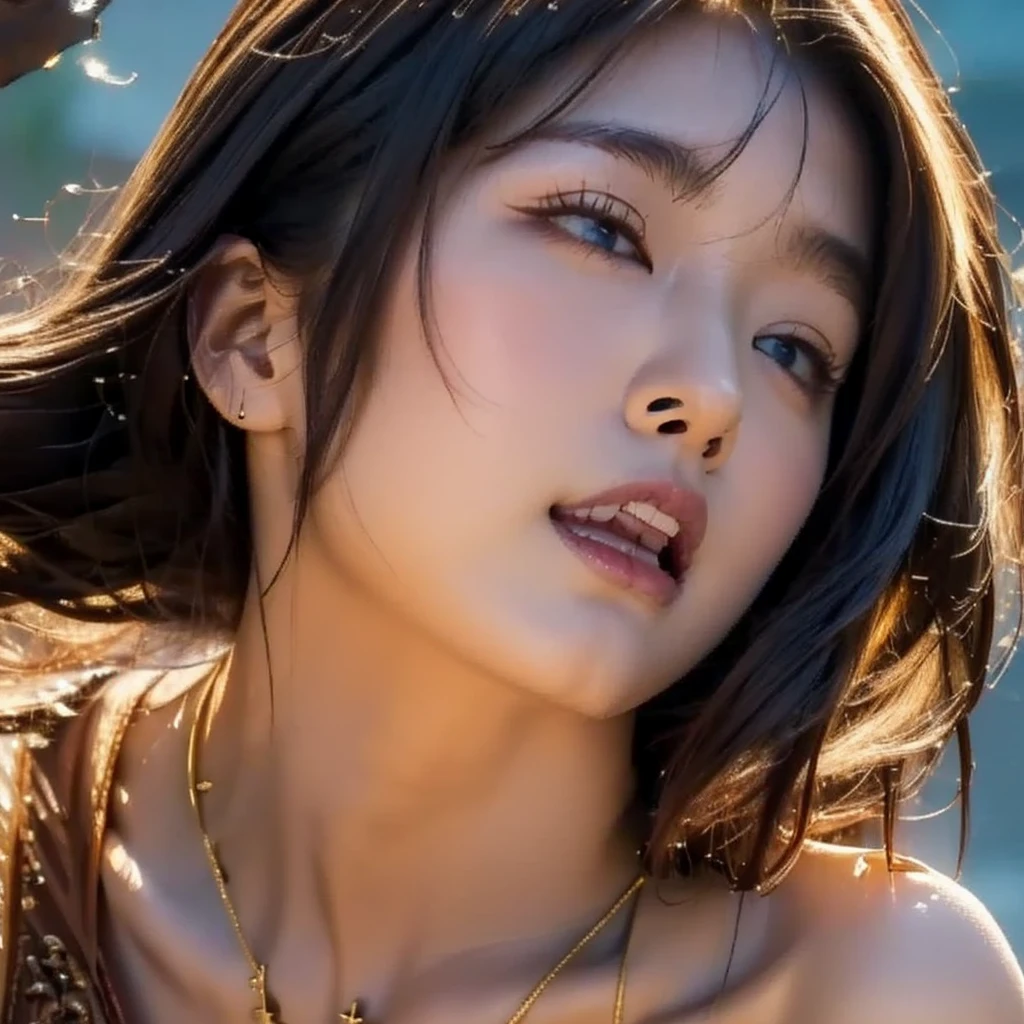 (masutepiece), A sexy、Natural light, Photorealistic, Cameltoe, diffuse glow, depth of fields, big eye、Black eyes、Black feathers flutter、Crying expression、Blue sweater、Black inner、Black semi-long hair、The background is a purple cloudy sky、profetional lighting、The background tends to be cloudy、Silver necklace、Black eye、Big eyes、Asian Beauty、a necklace、