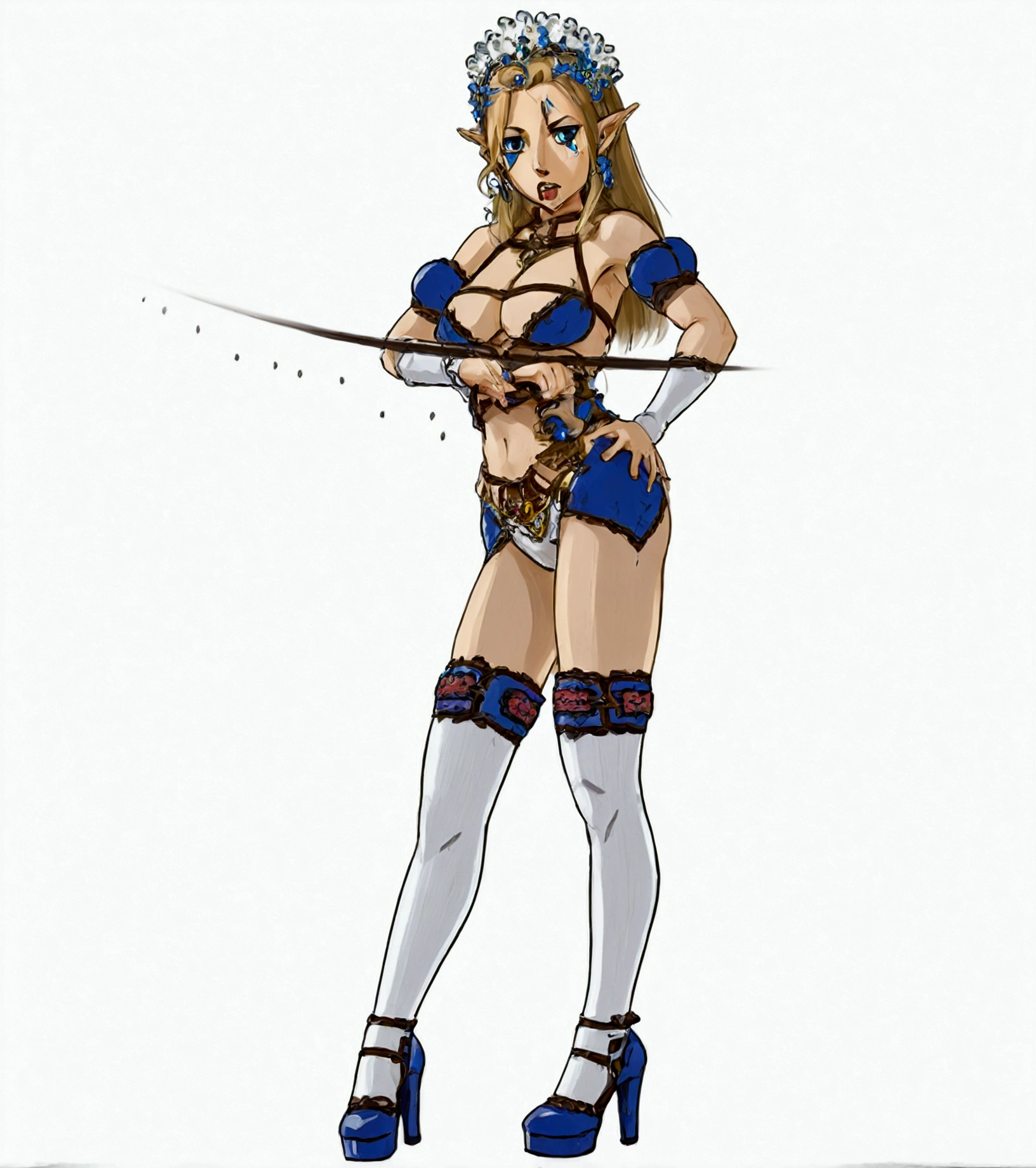 Princess Zelda, blonde hair, long hair, pointed ears, blue eyes, perfect face, big breasts, light nipples, small nipples, medium thighs, naked, topless, bottomless, arms behind back, knee together feet apart, pleasure face, blushing, steaming, sweating, blushing, bondage, BDSM, ball gag