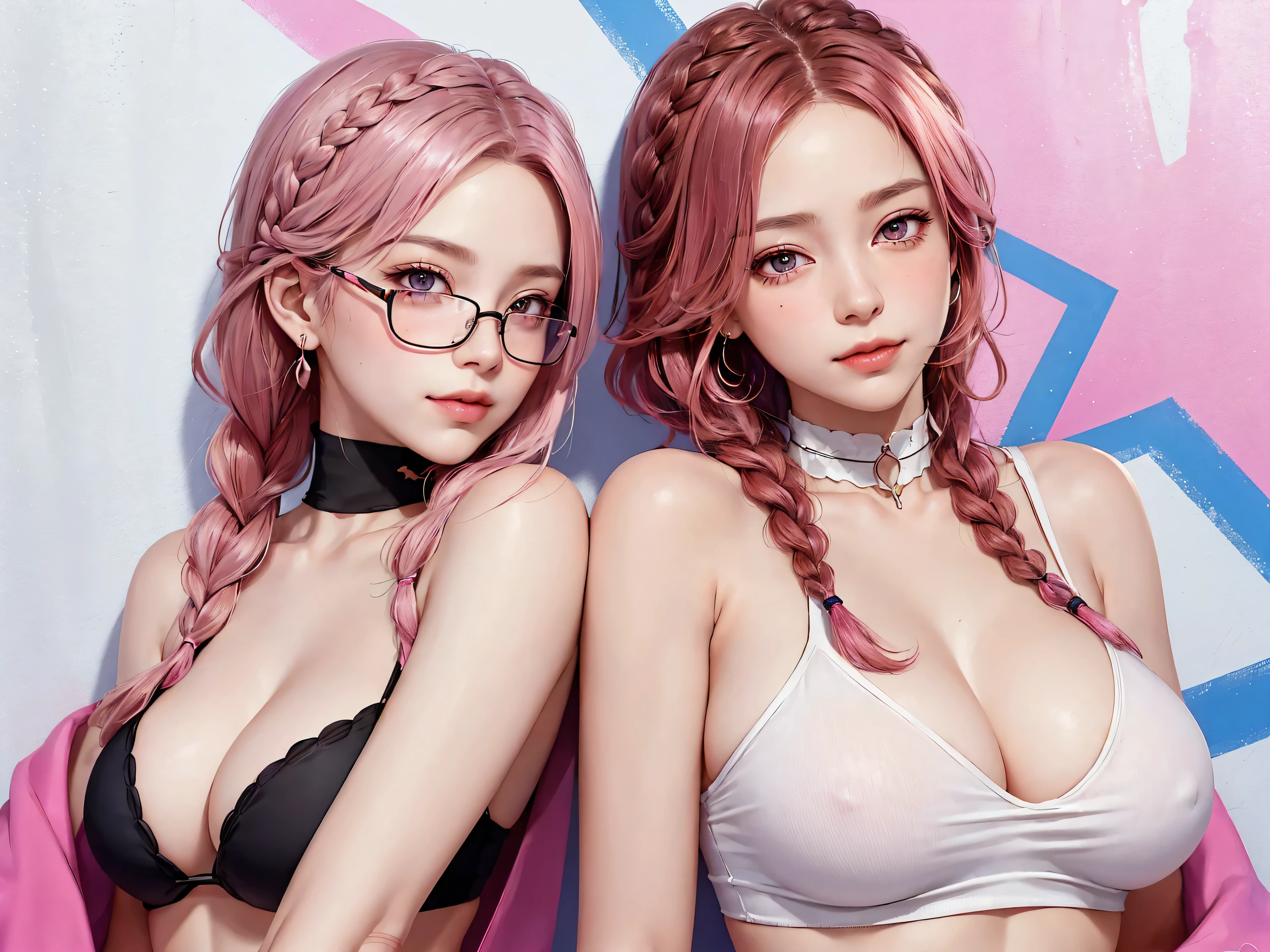 (Masterpiece, best quality, 1 girl, alone, complicated details, Chromatic aberration), realistic, ((Moderate breath)),long hair, pink hair, Red headpiece, Pink Highlights, hair on one eye,purple eyes, earring, sharp eyes, choker, Neon coat, She wears a collar, bangle, and kimono style garters., crop top, (symmetrical eyes),(Perfect symmetrical body),against the wall, Brick wall, (colorful graffiti words on the wall:1.2), The light is dim., alley ,Look at the viewer.、Dig the chest、smile、(sleeveless、Navel touch、Fitted turtleneck.)、street string hot pants、Thin bottom、Please build above the eaves..、Thin shoulders、1 Female,Brown Hair, ,((Anxious expression)),Beautiful breasts,School Swimsuit、Stylish,,(Look forward)(((Blushing、Surprised expression)),(((Braid))),((( Upper body portrait)))Frameless Glasses