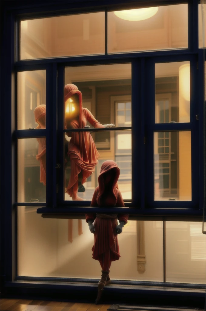 A girl watching an people in the window 