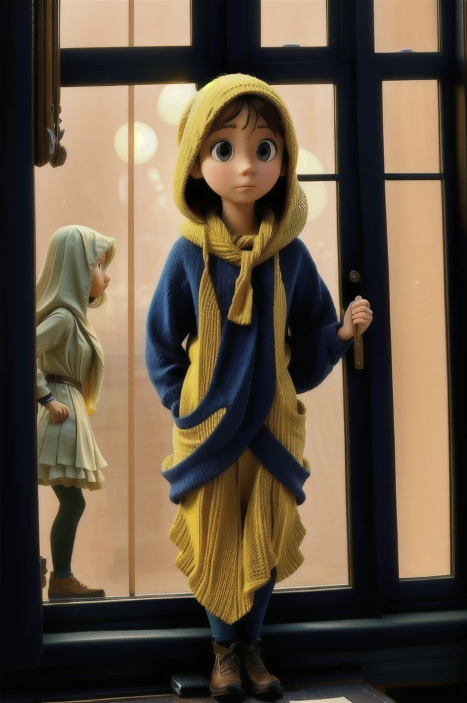 A girl watching an people in the window