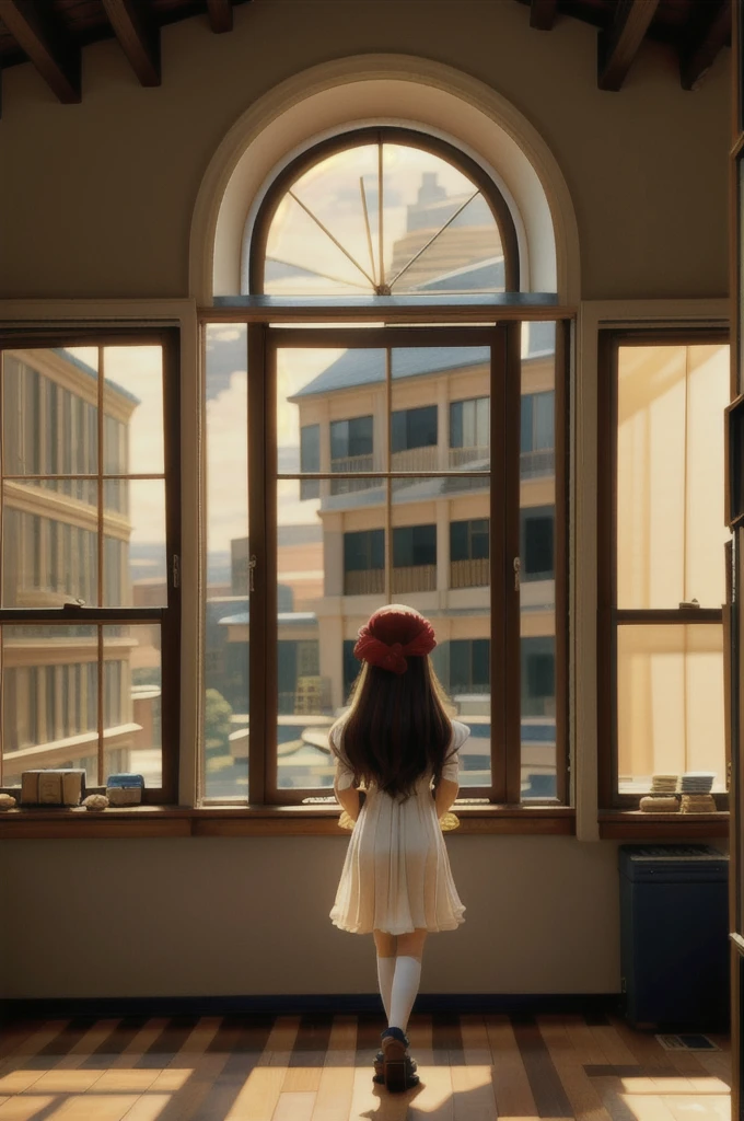 A girl watching an people in the window 