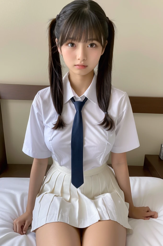 ((highest quality, masterpiece :1.3)), Photorealistic、Ultra-high resolution、Natural skin texture、Hyperrealism、Photograph from the knee up、16 year old Japanese beautiful girl、Twin tail hair、Large breasts、White collared shirt and tie、Ultra mini skirt、I feel scared、Lying in bed
