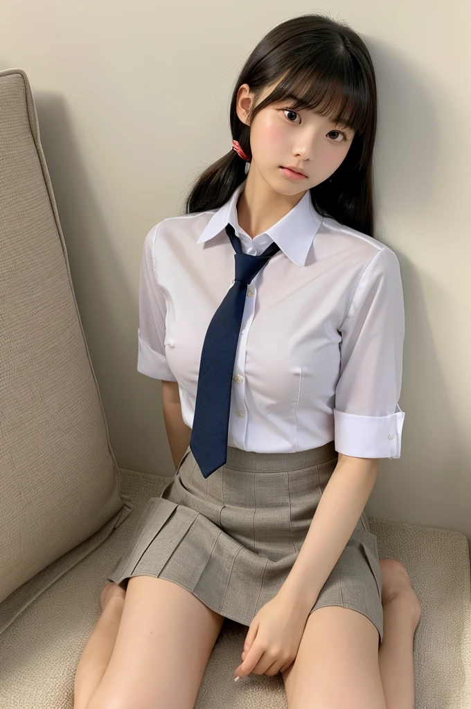 ((highest quality, masterpiece :1.3)), Photorealistic、Ultra-high resolution、Natural skin texture、Hyperrealism、Photograph from the knee up、16 year old Japanese beautiful girl、Twin tail hair、Large breasts、White collared shirt and tie、Ultra mini skirt、I feel scared、Lying in bed