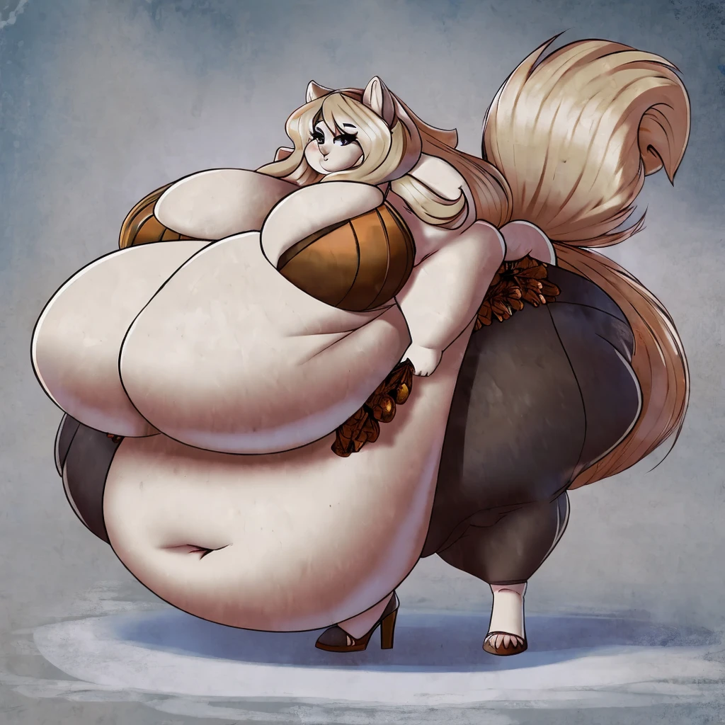 Arctic wolf, female, long hair, huge breasts, huge hips, huge thighs, plump, voluptuous, gorgeous, beautiful, eyelashes, cream hair, bushy hair,thick hair, morbidly obese, big bushy tail 