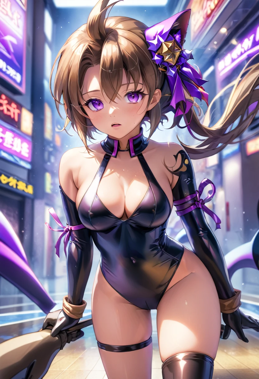 1 Girl,Browsing Caution,  Sex, Cowgirl, Top girl, (Straddle), (One boy:1.1), Heterosexual, Kyoko Masaki,(Yu-Gi-Oh),Unsdef,short hair, Brown Hair, hair ornaments, high ponytail, ponytail,Huge breasts, clavicle, Glowing purple eyes,Absurd, brainwashing,Hollow Eyes, ((Expressionless,Emotional erasure)), (Black latex tight bodysuit),avert your eyes , Full body portrait, (Highest quality、4K、8K、High resolution、Must have:1.2)、Very detailed、(reality、reality的なです、reality的な:1.37)、Ticker、Hyper HD、Studio Lighting、Ultra High Definition Paint、Sharp focus、Physically Based Rendering、Extreme Detail、Professional specifications、Vibrancy and color、Blurred、Sports portrait、landscape、Horror Style、Anime Big Tits、sf、photograph、Concept Artist、Five Fingers, Perfect body,  {{{masterpiece}}}, {{{Highest quality}}}, {{Very detailed}}, {shape}, {{Very delicate and beautiful}},Improved cost performance、All Roles、Canon 5D MK4でphotograph、photograph, 